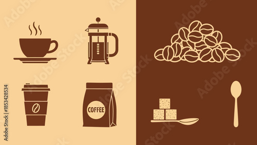 Collection of coffee icons representing different brewing methods, beans, and related items for beverage enthusiasts and cafes