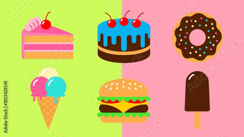 A delightful collection of sweet and savory treats, including cake, donuts, ice cream, and burgers, presented in a vibrant and playful flat design