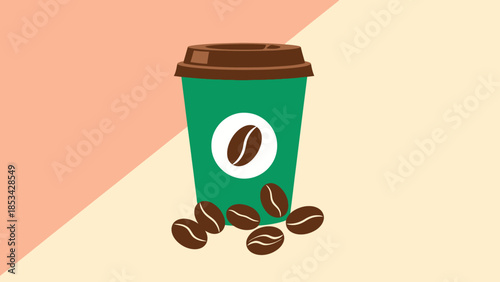 A vibrant illustration of a teal coffee cup with a white coffee bean symbol and scattered coffee beans against a pastel background