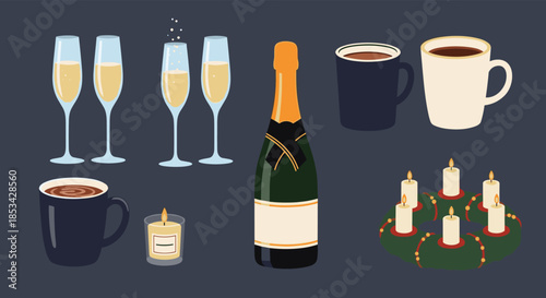 A cozy and festive collection of holiday drinks and decorations, including champagne, hot chocolate, an advent wreath, and a scented candle. This winter vector set is perfect for celebration designs.
