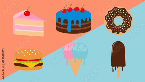 Sweet Delights A Vibrant Collection of Cakes, Ice Cream, Donuts, and Burgers