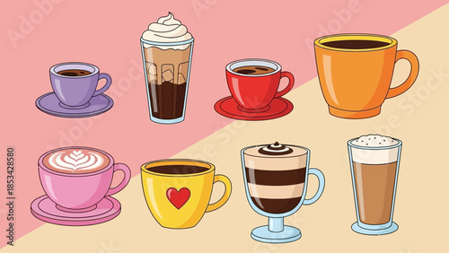 Various coffee drinks and beverages in different cups and glasses