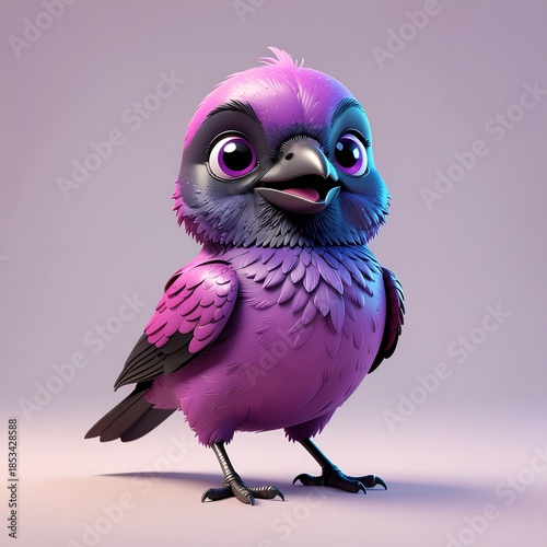 Cute Cartoon Crow with Purple Feathers and Expressive Eyes on Gradient Background