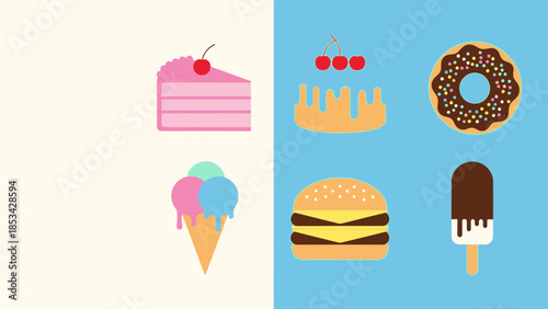 A vibrant and playful collection of delicious sweet and savory treats illustrated in a simple, flat design style