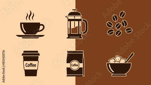 Collection of coffee-related icons including a french press, cup, beans, and more on a brown background