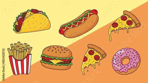 Delicious Assortment of Fast Food Items on a Yellow and Orange Background - A Vibrant Vector Illustration