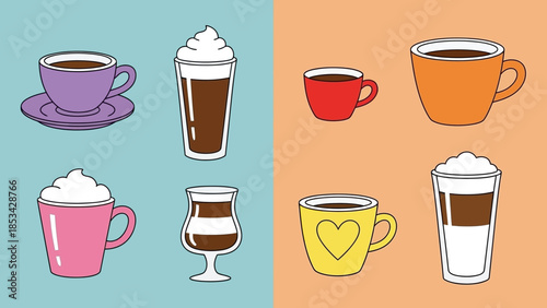 Collection of coffee and tea drinks in cups and glasses