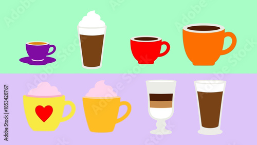 Collection of various hot drinks like coffee and hot chocolate served in different cups and mugs