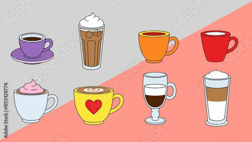 Collection of assorted hot and cold beverages in cups and glasses, perfect for café menus and designs