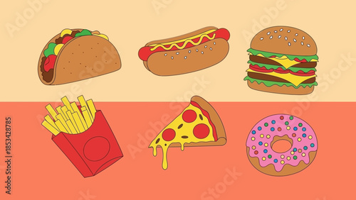 A vibrant collection of popular fast food items, including a taco, hot dog, burger, french fries, pizza slice, and a donut, all depicted in a playful cartoon style on a split-color background