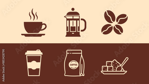 Collection of coffee-related icons including a steaming cup, French press, beans, takeaway cup, coffee bag, and sugar cubes