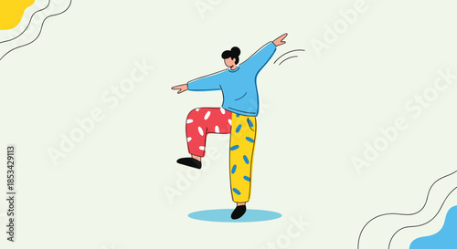 A happy and energetic person in colorful, mismatched pants dancing and moving freely on a light green background. This modern, flat vector illustration represents joy, fun, and an active lifestyle.