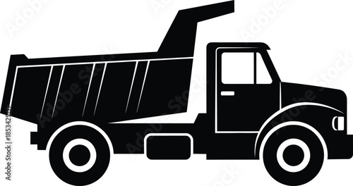 a simple black and white silhouette illustration depicts a heavy duty dump truck with a raised bed showcasing industrial transport