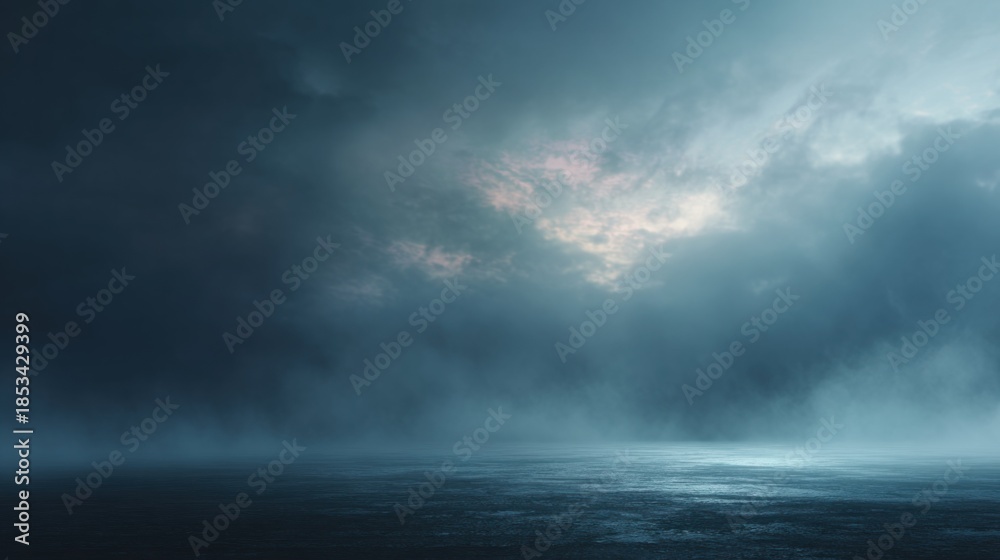 Obraz premium A moody seascape featuring dark clouds and a calm ocean, illuminated by faint light from above, creating a serene yet dramatic atmosphere.