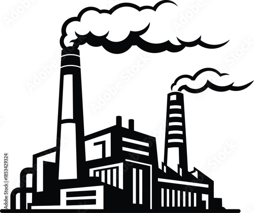 a stark black and white illustration depicts a factory complex with multiple smokestacks emitting plumes of smoke symbolizing industrial activity and pollution