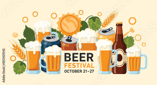 A vibrant and festive banner for a beer festival, featuring various mugs, glasses, cans, and bottles of beer with hops and barley. This celebratory vector illustration is perfect for party posters.