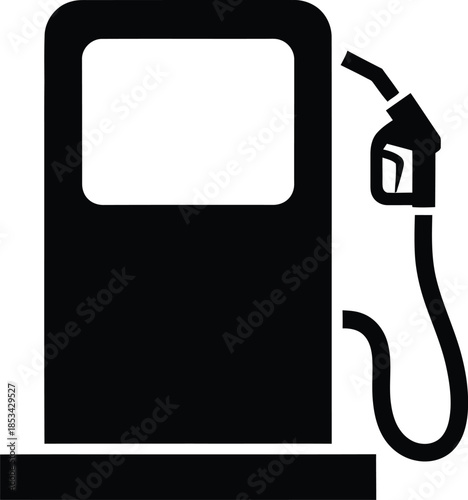 a simple black and white illustration depicts a gas pump with a nozzle and hose representing fuel or energy stations