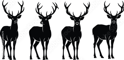 a striking silhouette illustration depicts four majestic deer standing in a linear arrangement showcasing their antlers and graceful forms against a white backdrop