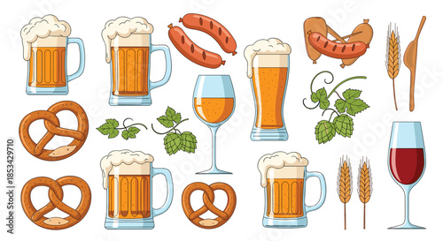 Festive collection of Oktoberfest icons including frothy beer mugs, pretzels, sausages, wine, hops, and wheat on a white background.