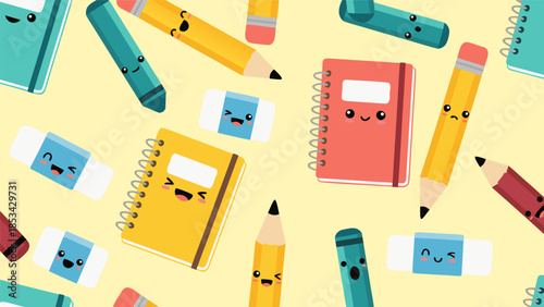 Seamless Pattern of Cute Stationery Items with Happy Faces, Ideal for Children's School Supplies and Creative Projects