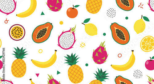 Vibrant and colorful seamless pattern featuring a variety of tropical fruits like pineapple, banana, papaya, and dragon fruit.