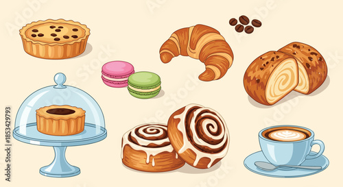 Delicious assortment of freshly baked pastries and coffee, including a croissant, cinnamon rolls, macarons, and a cappuccino.