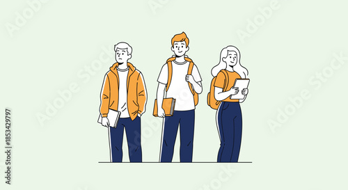 Group of three diverse young students with backpacks and books standing together, ready for school or university classes.