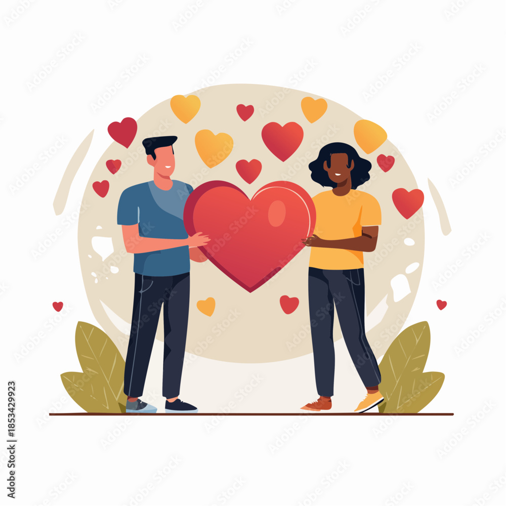 Fototapeta premium Couple holding a large heart together surrounded by floating hearts in a romantic illustration