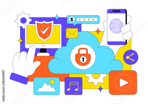 Digital Cloud Security Illustration Featuring Safety And Data Protection For Networks, Internet, Backup Servers With a Technological Environment