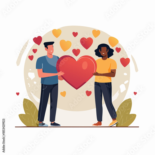 Couple holding a large heart together surrounded by floating hearts in a romantic illustration