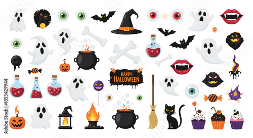 Large and spooky collection of cartoon Halloween icons including ghosts, witches, pumpkins, and other scary elements for design.