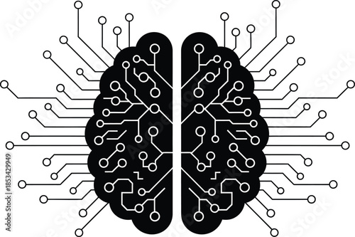 an illustration depicting a human brain composed of intricate circuit board lines and nodes symbolizing artificial intelligence and complex thought processes