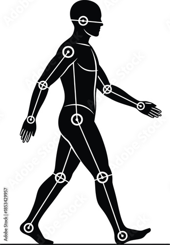 a simple black silhouette depicts a human figure in mid stride showcasing articulated joints and a dynamic walking pose against a white background