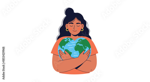 Illustration of a woman lovingly embracing a heart-shaped planet Earth, symbolizing environmental care and conservation.