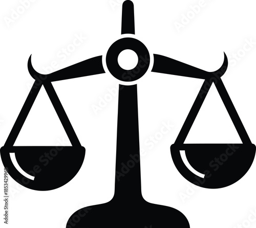 a simple black and white illustration depicts a traditional balance scale with two pans suspended from a central vertical beam representing justice