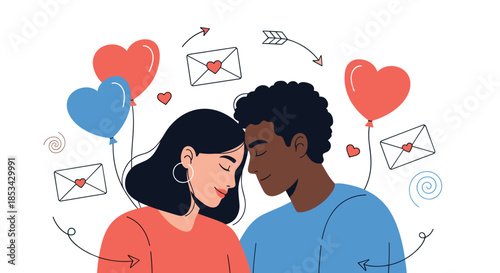 Affectionate interracial couple celebrating their love, surrounded by floating hearts, balloons, and romantic love letters.