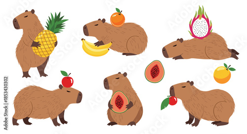 Cute and charming collection of cartoon capybara characters interacting and posing with a variety of fresh tropical fruits.