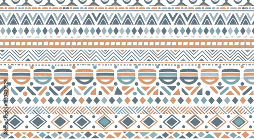Seamless horizontal pattern with intricate geometric and tribal motifs in a muted, earthy color palette for ethnic textile design.