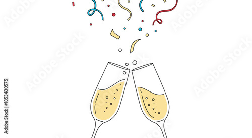 Festive line art illustration of two champagne flutes toasting under a shower of colorful confetti and celebratory streamers.