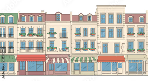 Charming seamless illustration of a classic European city street with detailed historical buildings and storefronts at ground level.