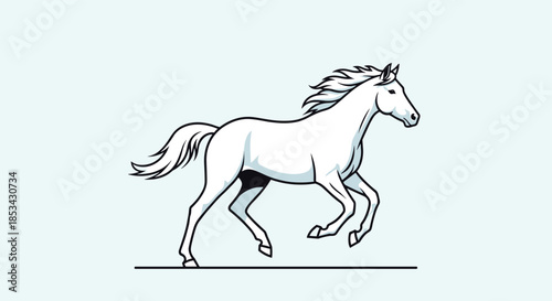 Elegant line art illustration of a beautiful white horse running freely, captured in a graceful and dynamic trotting pose.