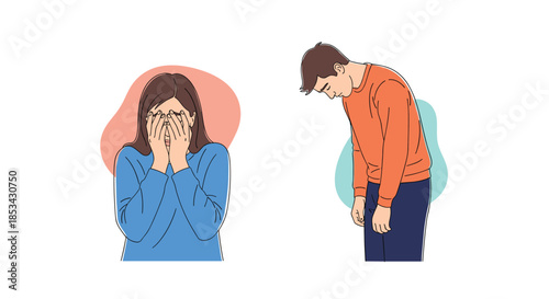 Set of illustrations depicting a man and a woman expressing deep sadness, despair, and emotional distress through their posture.