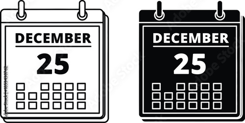 a black and white illustration depicts two calendar pages prominently displaying december twenty fifth signifying christmas day with simple designs