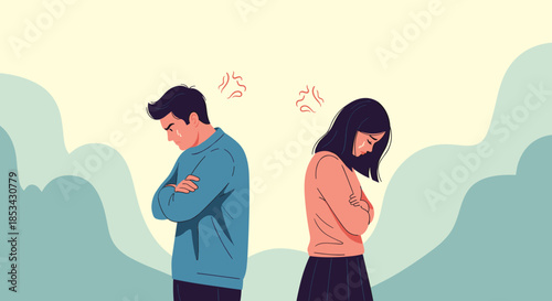 A frustrated couple stands back-to-back with angry expressions after an argument, symbolizing conflict and relationship problems.