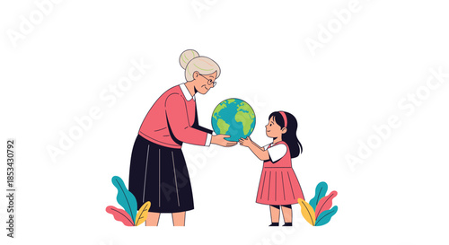 Elderly woman or grandmother passing a globe of the Earth to a young girl, symbolizing the transfer of responsibility for the planet.