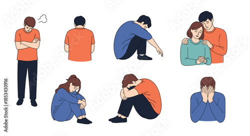 A collection of people in various poses of sadness, depression, and anger, including a couple comforting each other.