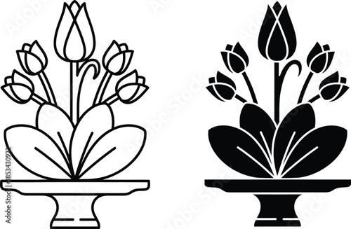 a simple black and white illustration depicts two arrangements of tulips in vases showcasing contrasting positive and negative space high quality