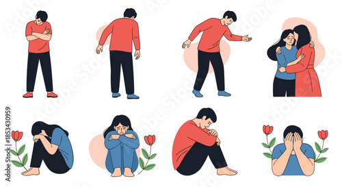 A set of characters illustrating different stages of sadness and reconciliation, from anger and grief to a comforting hug.