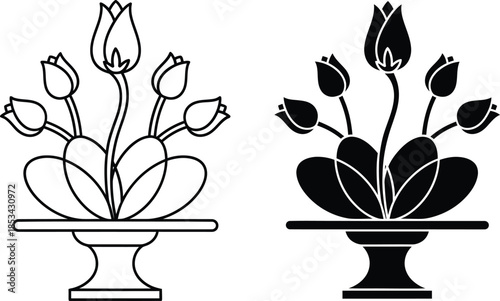 a simple black and white illustration depicts two arrangements of tulips in vases showcasing floral design and minimalist botanical art