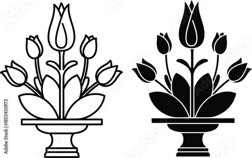 a simple black and white illustration depicts two floral arrangements of tulips in vases showcasing contrasting designs and botanical elements